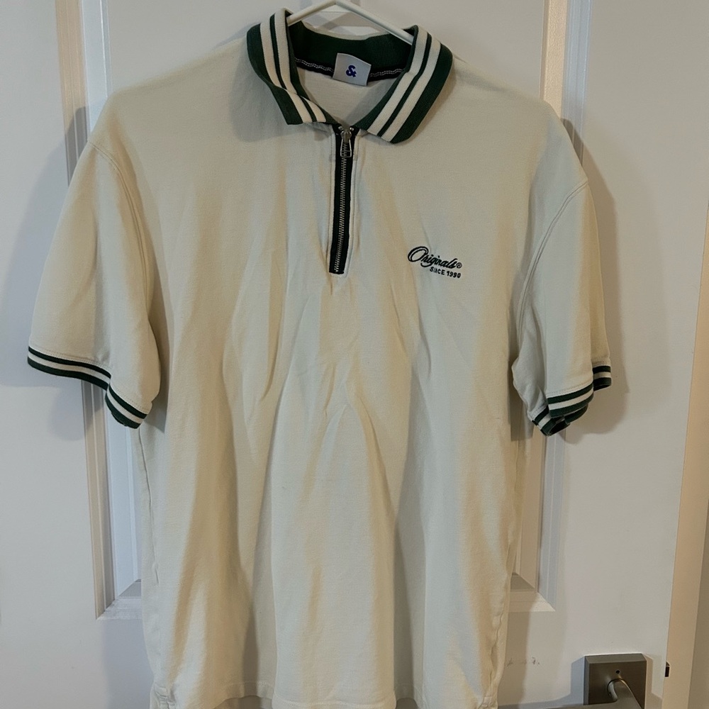 Jack & Jones Cream and Green Polo Shirt Sporty Design